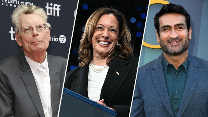 A red carpet photo of Stephen King; Kamala Harris smiling at a podium; a red carpet photo of Kumail Nanjiani