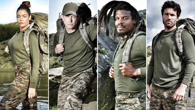 Denise Richards, Stephen Baldwin, Cam Newton and Brody Jenner pose in camo in the wilderness with army nap sacks.