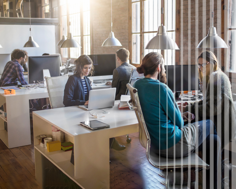 Teams at workstations in an office environment