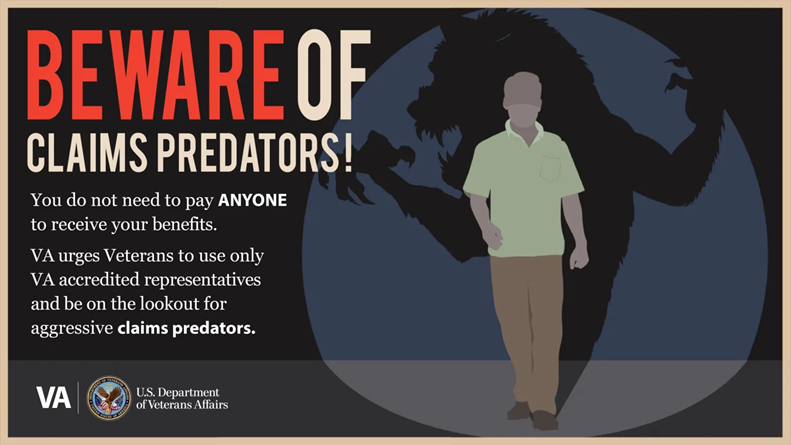 Graphic depicting to beware claims predators. You do not have to pay anyone to receive your benefits.