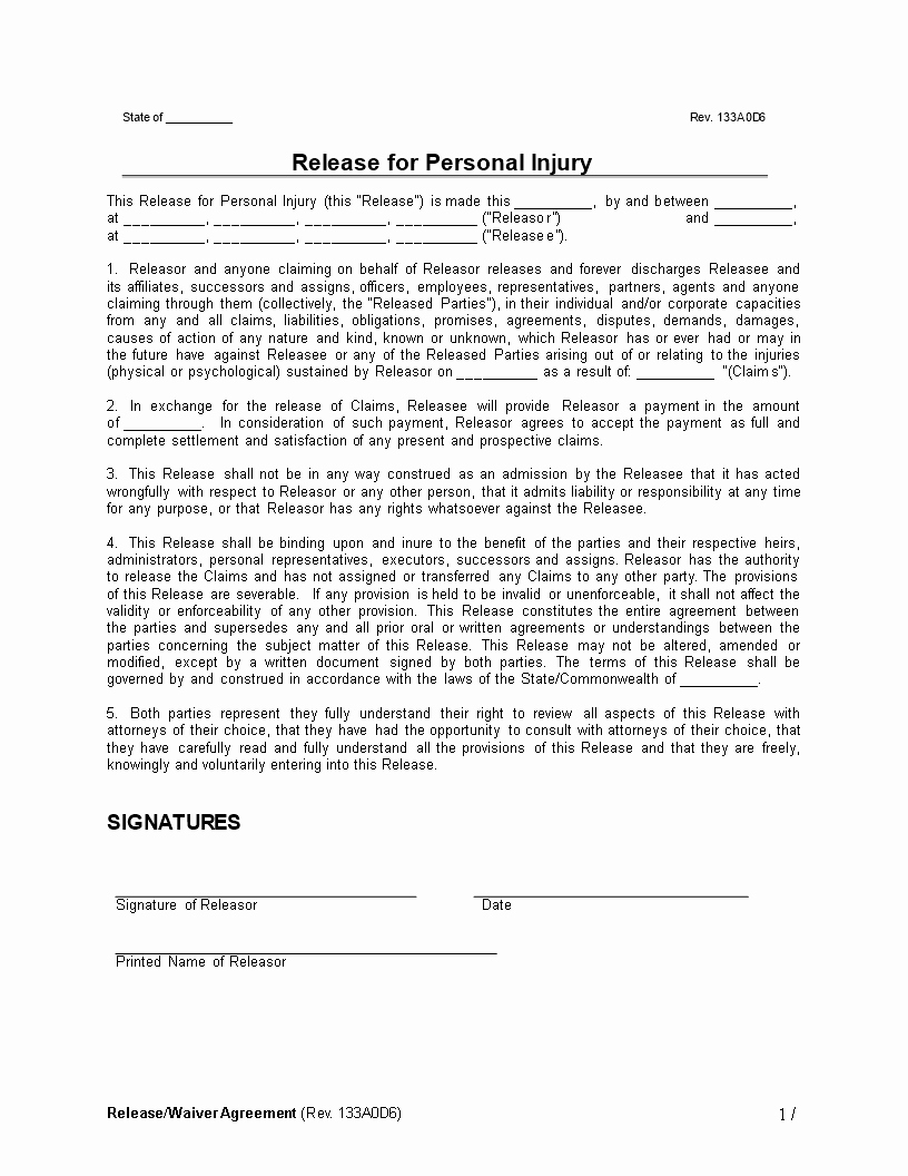 Personal Injury Waiver form Unique Personal Injury Release Waiver Agreement