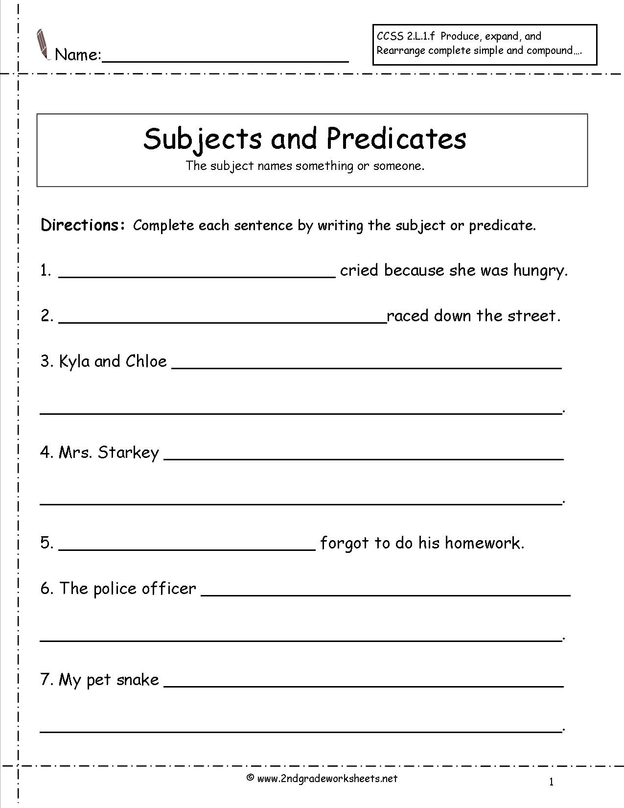 Subject Predicate Worksheet 2nd Grade Second Grade Sentences Worksheets Ccss 2 L 1 F Worksheets