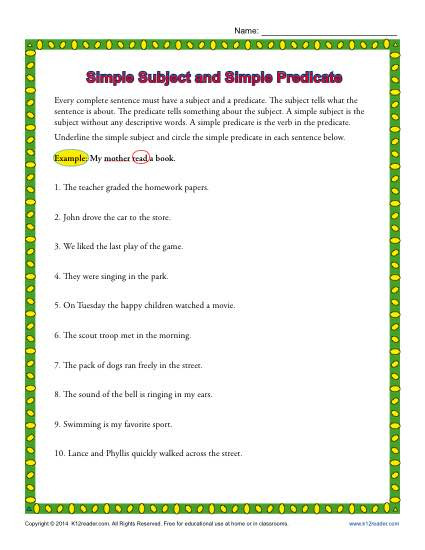 Subject Predicate Worksheet 2nd Grade Simple Subject and Simple Predicate