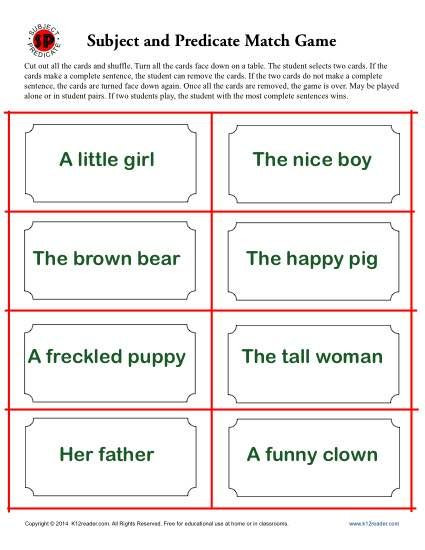 Subject Predicate Worksheet 2nd Grade Subject and Predicate Match Game