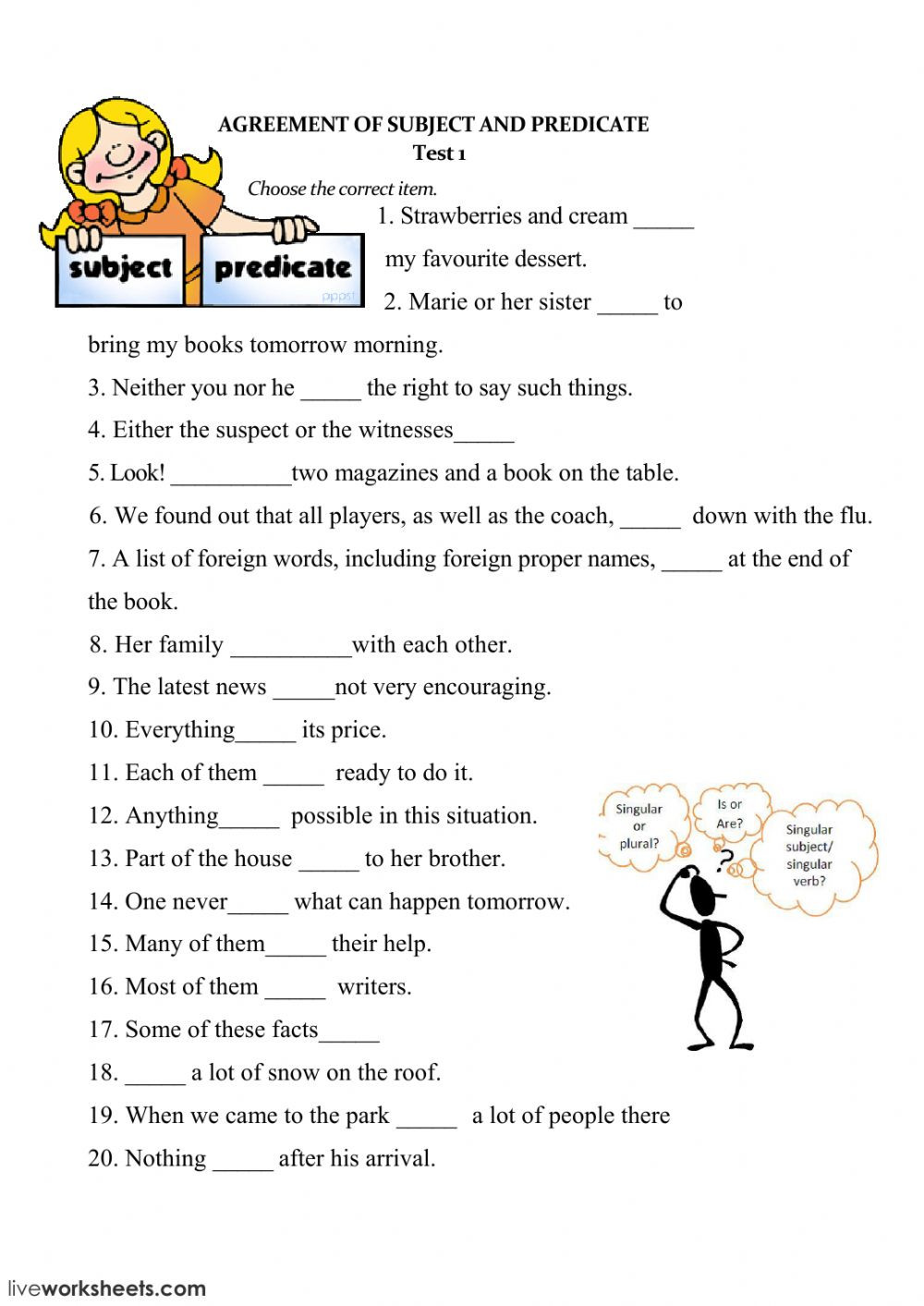 Subject Predicate Worksheet 2nd Grade Subject and Verb Agreement Interactive Worksheet