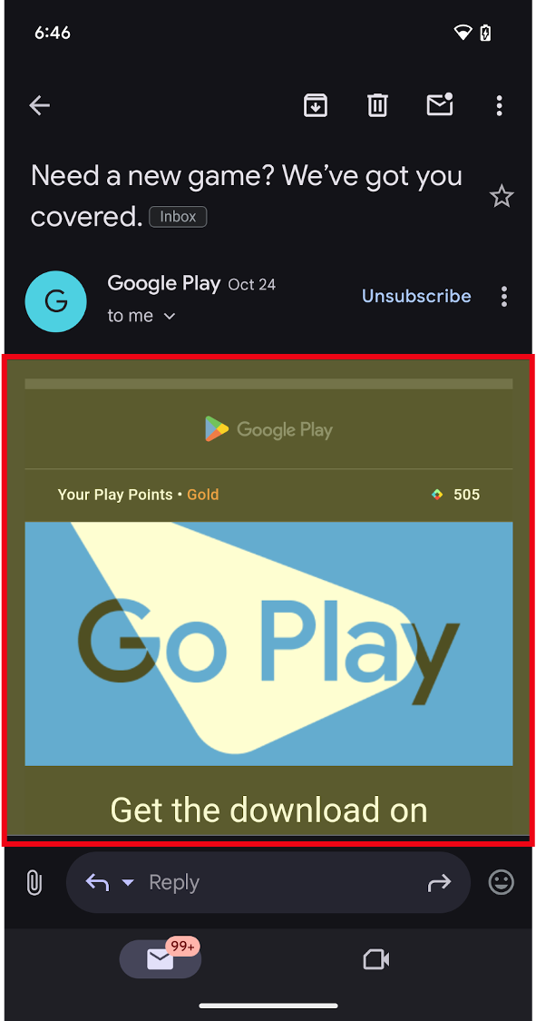 Google Play पर खुला Android ऐप्लिकेशन, जिसमें मुख्य वेब व्यू को लाल बॉक्स में हाइलाइट किया गया है.