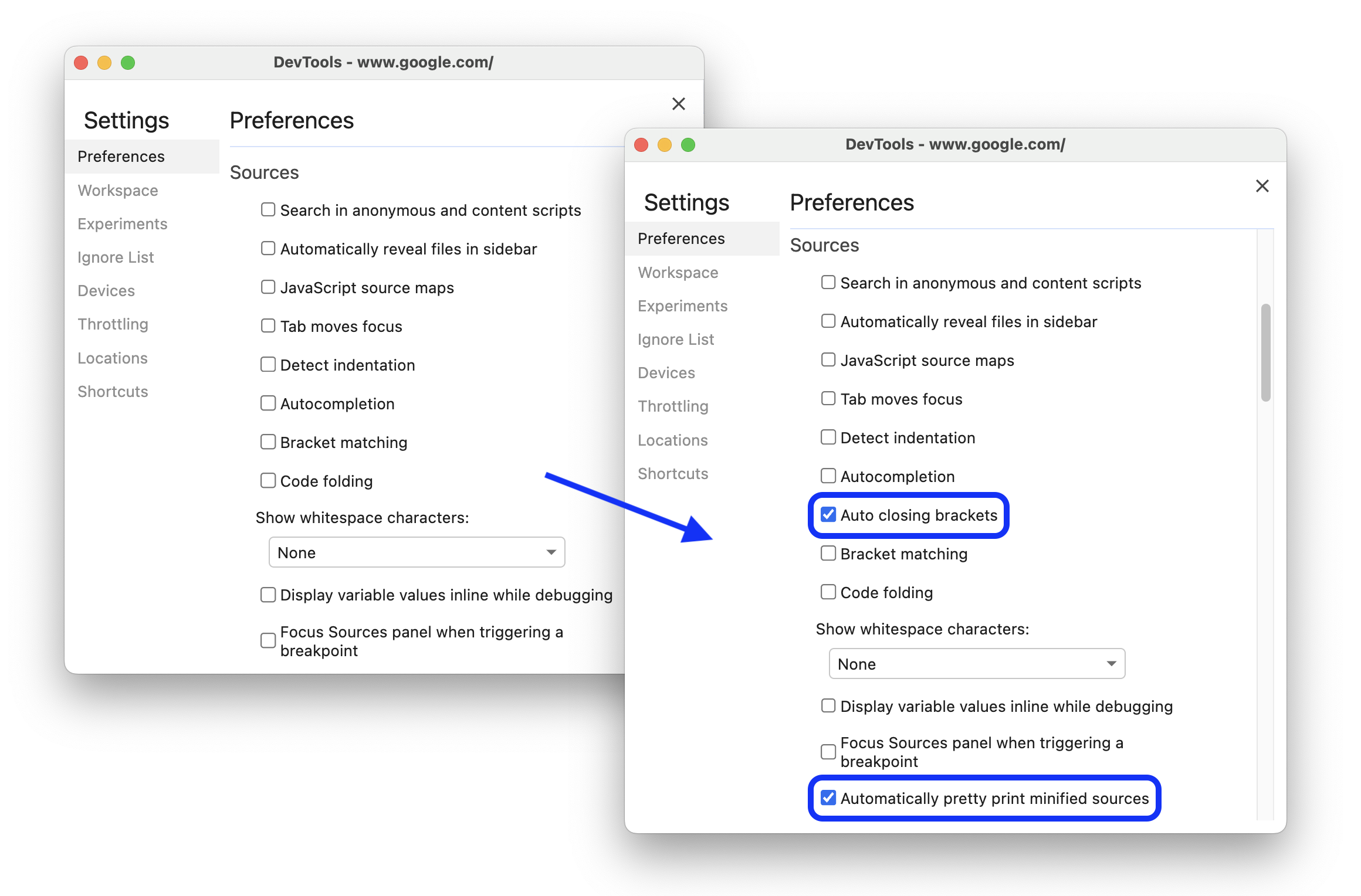 O antes e o depois de adicionar novas configurações para estilos de formatação automáticos e fechamento de colchetes.