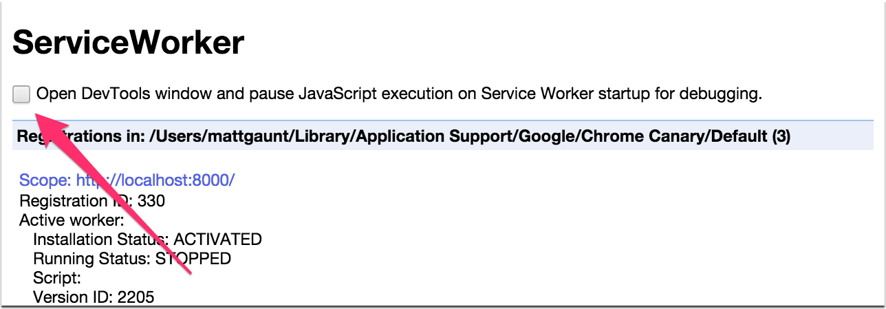 Capture d&#39;écran montrant où se trouve la case à cocher &quot;Mettre en pause l&#39;exécution&quot; sur serviceworker-internals.