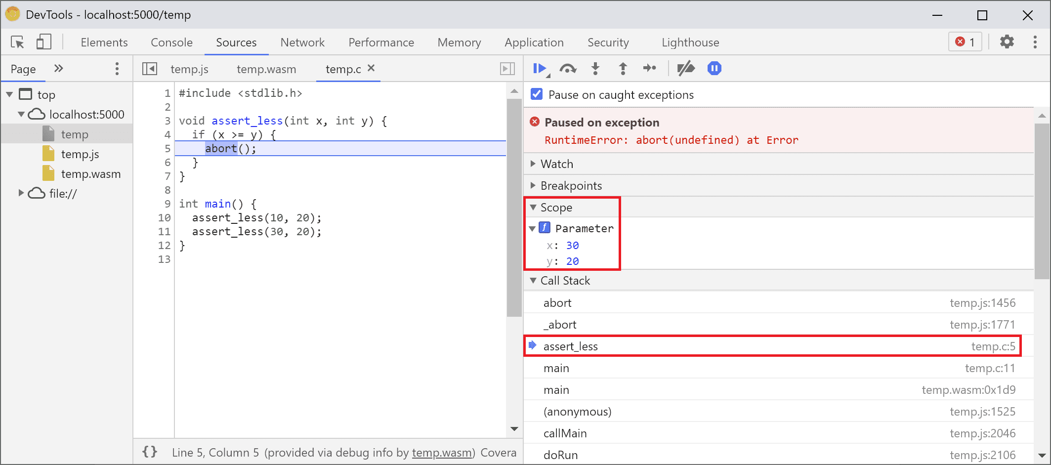 O DevTools foi pausado na função `assert_less` e mostrando os valores de `x` e `y` na visualização Scope