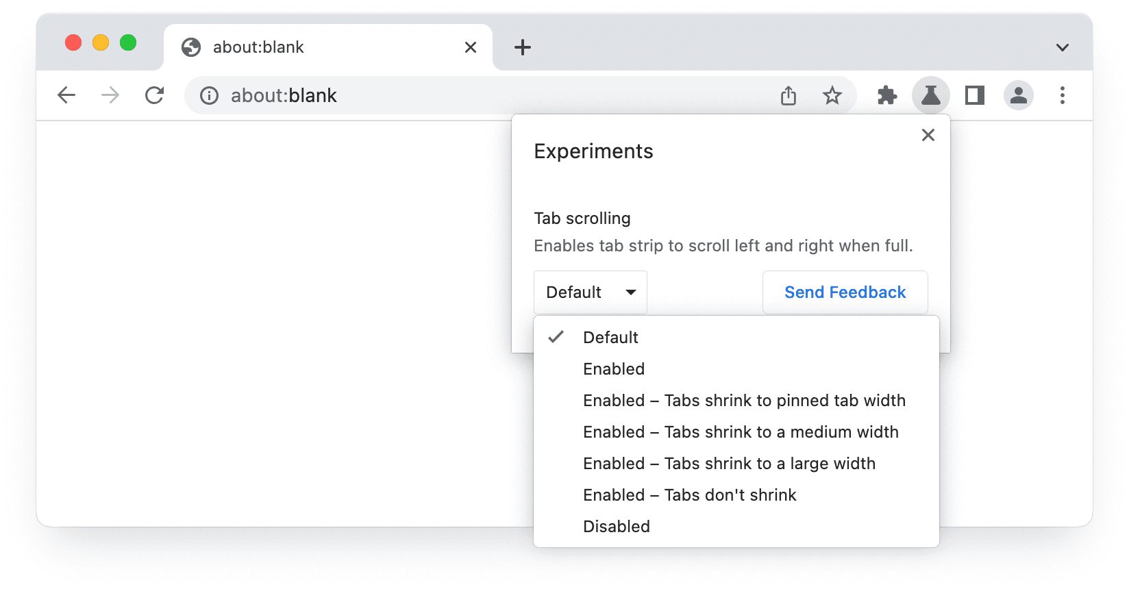 Captura de pantalla de la IU de Experiments en Chrome Beta que muestra las opciones de desplazamiento de las pestañas.