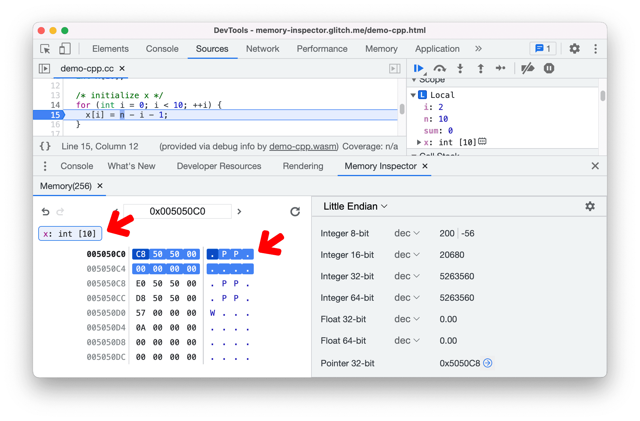 Heben Sie C/C++ Objekte im Memory Inspector hervor.