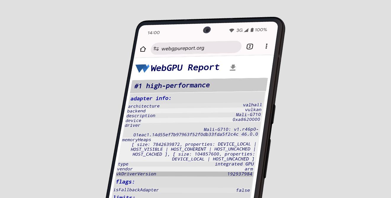 Bağdaştırıcı bilgilerinde vkDriverVersion seçeneğini gösteren https://webgpureport.org ekran görüntüsü.