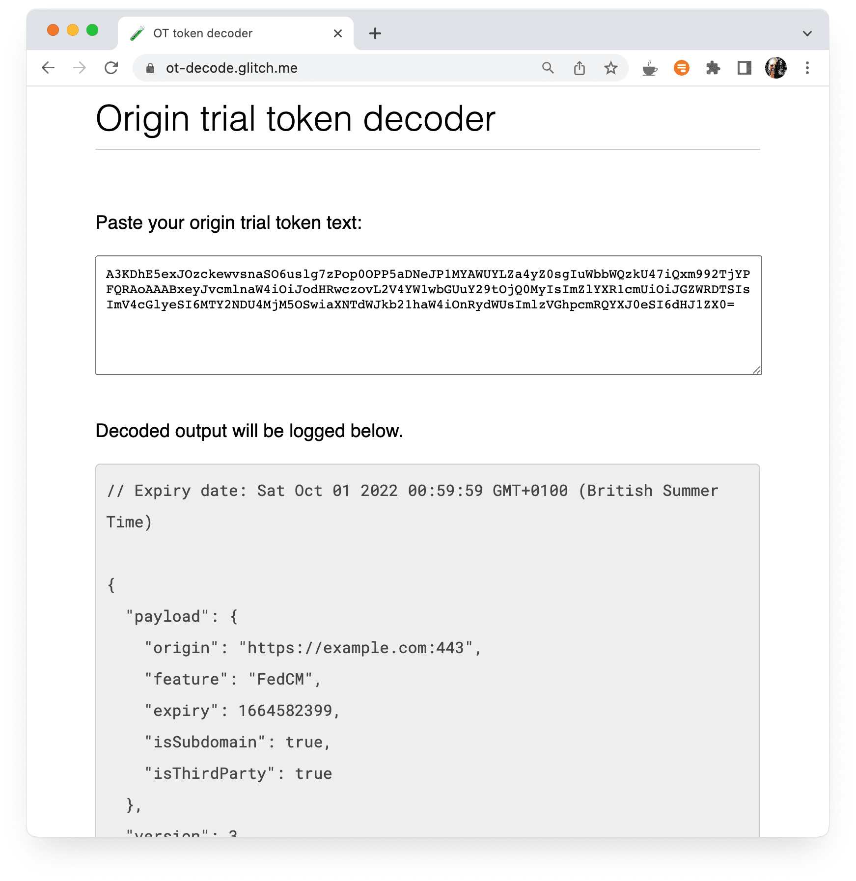 Herramienta de codificador de prueba de origen, que muestra valores de prueba de origen decodificados.