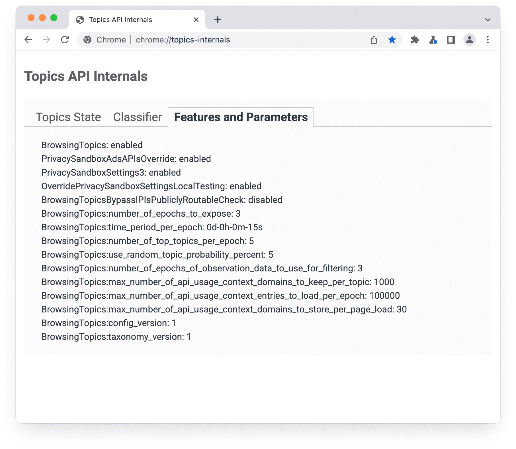 Pagina chrome://topics-internals con il riquadro Funzionalità e parametri selezionato.