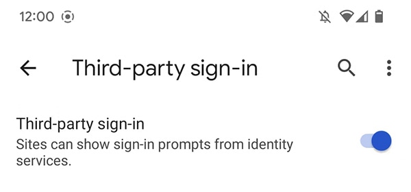 モバイルの Chrome 設定で [サードパーティのログイン] を切り替えて FedCM を有効にする