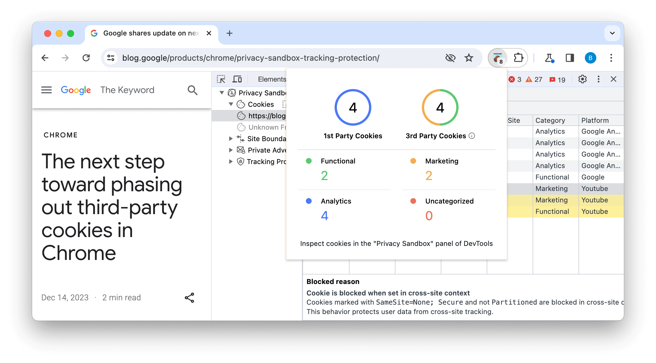 ภาพหน้าจอของเครื่องมือวิเคราะห์ Privacy Sandbox (PSAT) แสดงจำนวนและประเภทของคุกกี้ที่ใช้ในโมดัลและรายการคุกกี้ที่อยู่เบื้องหลังรายการดังกล่าว พร้อมเหตุผลที่ถูกบล็อก