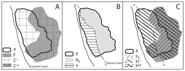 Conceptual model of the change in suitable habitat from the effects of SLR and climate change.