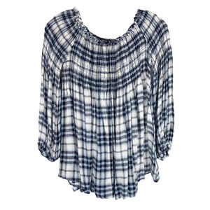 Altard State Medium Top Blouse Smocked Plaid Blue White Elastic Peasant 906