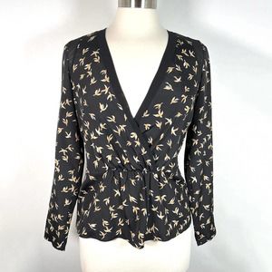 Cooper & Ella Bird Print Faux Wrap Top XS V-Neck Black Mesh Shoulder EUC!