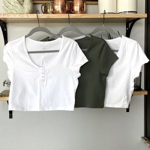 Set of 3 White Olive Green Cropped Scoop Neck Henley Tees Size Juniors Large