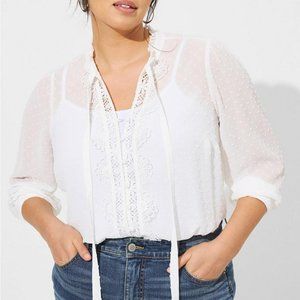 Torrid Blouse 0X LG White Ruffle Embroidered Lace Clip Dot Chiffon Plus Size NWT