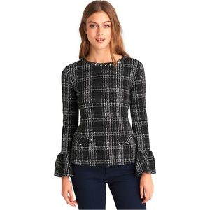 KARL LAGERFELD Paris Pearl Neck Black White Plaid Knit Sweater Top - NEW Size M