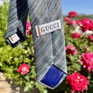 Gucci Necktie Vintage Striped Blue Gray Cotton Narrow Tie