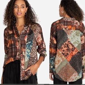 Johnny Was Workshop Octave Floral Print Mix Top S Silk Button Front Long Sleeve