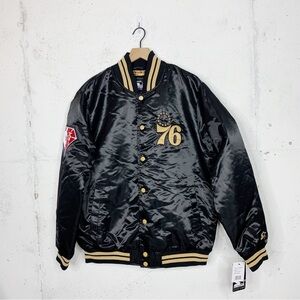 Starter NBA 76ers Rare Black Gold Satin Bomber Varsity Jacket Size XL Playoffs