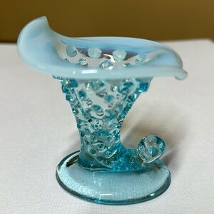 Fenton Hobnail Cornucopia Glass Vase Blue Opalescent 3.75”