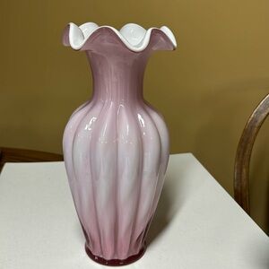 Fenton Optic Pink & White Encased Glass Ruffled 11" Vase