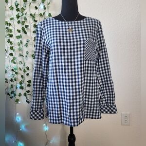 J. Jill 100% Cotton Blue and White Gingham Print Front Pocket Back Button Blouse