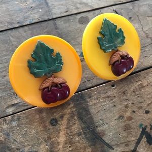 Vintage cherries earrings oversize button yellow