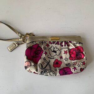 Coach Floral Wristlet Kyra Satin Poppy Logo Gold Shimmer Leather Trim •