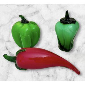 3 Vintage Hand blown Glass Green Red Hot Chili Pepper MCM Decor Paperweight Art