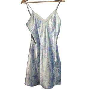 Adonna Satiny Purple Blue Floral Lace Cami Silky Smooth Slit Mini Slip Dress