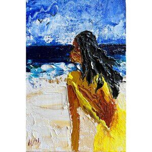 Woman at Beach Painting Summer Original Artwork 4x6 Queen African American Oil