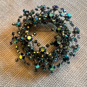 Warner Vintage Iridescent Blue Rhinestone Wreath Brooch