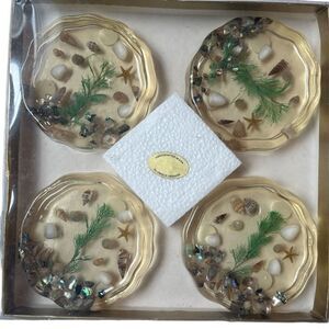 Vtg Set Of 4 Clear Resin Lucite Seashell Nautical Coasters Beach Decor