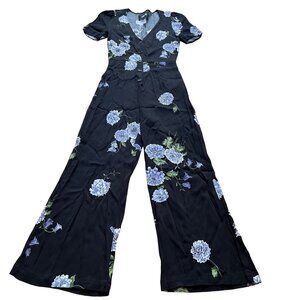 Reformation Size S Black France Floral Short Sleeve V-Neck Jumpsuit