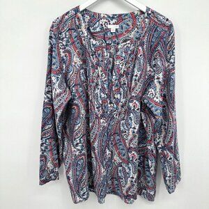 J Jill XL Top Shirt Blouse Long Sleeve Pintuck Button Up Blue Red Paisley Womens