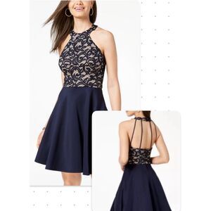 B Darlin Homecoming Formal Dress Open Back Navy Lace Glitter Size 9/10 Halter