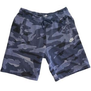 Nike Men's M Camo Drawstring Jogger Shorts Blue Cotton Blend Side Pockets 10"