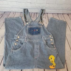 Vtg 1998 Looney Tunes Tweety Bird Denim Light Wash Overalls Size 10 Bibs‎ Kids