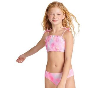 Justice Multi Pink Girls 2 Piece Ruched Bandeau Top Bikini Swimsuit