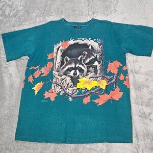 Vintage Habitat Shirt Mens Large Raccoon Leaves Double Sided Single Stitch 90s