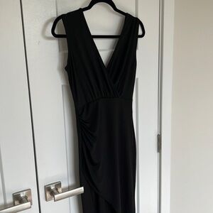 Black Midi Rutched Dress, Low V-Neck