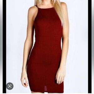 Burgundy High Neck Midi Dress