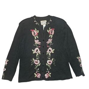 Vintage Heirloom Collectibles Black Floral Embroidered Knit Cardigan Size L