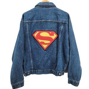 Superman 3D Vintage Blue Denim Jacket Men's Large L Warner Bros Large Patch DC